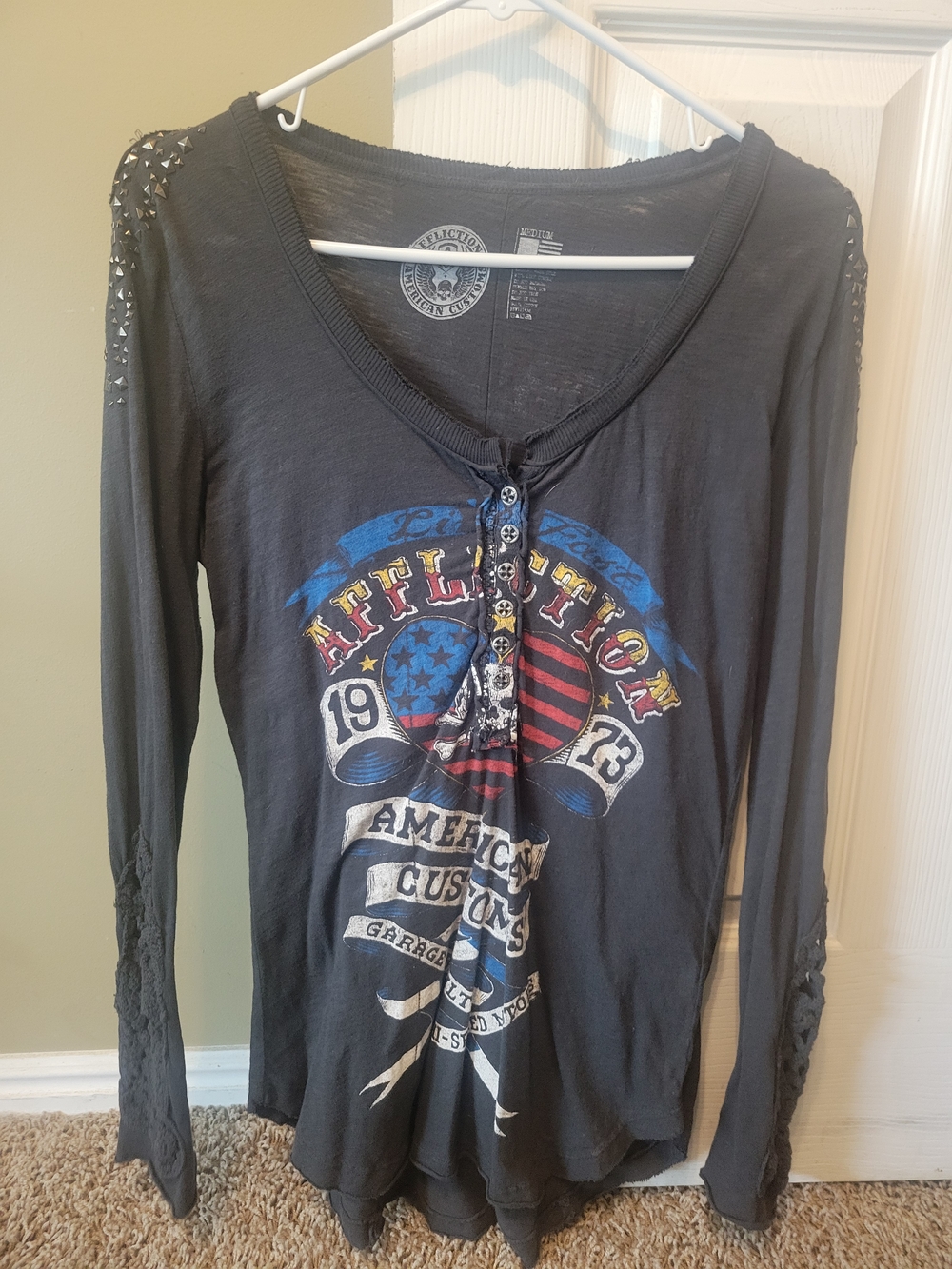 Affliction Black Long Sleeve Graphic Henley with Studded Shoulders